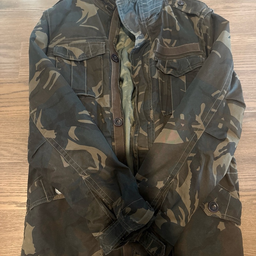 Green and Brown Military Field Jacket with Camouflage Pattern